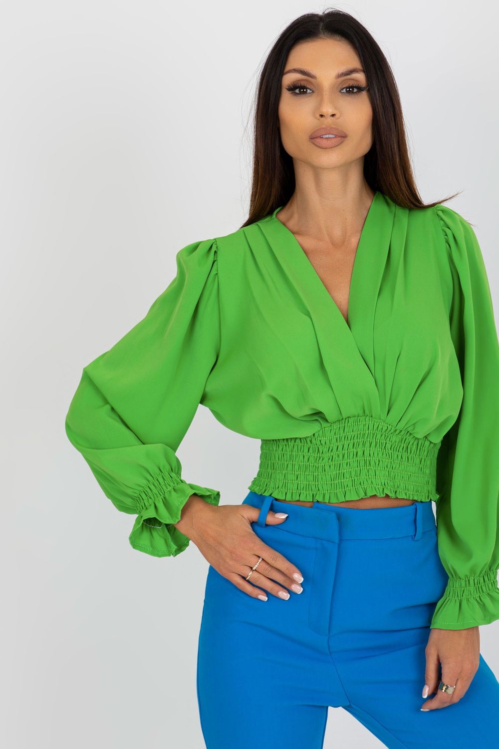 Italy Moda Light Green Wrap Long Sleeve Blouse