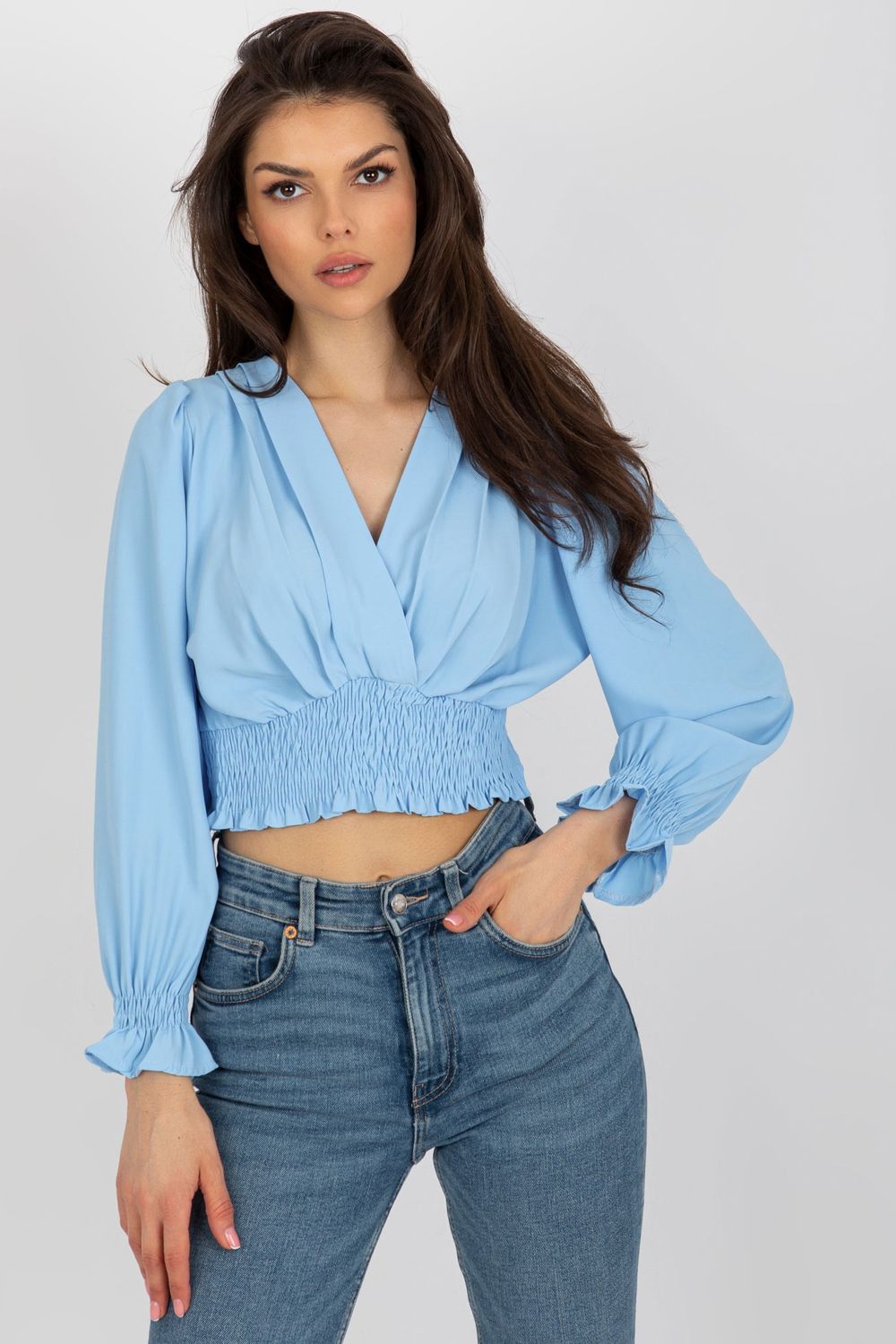 Italy Moda Light Blue Wrap Long Sleeve Blouse