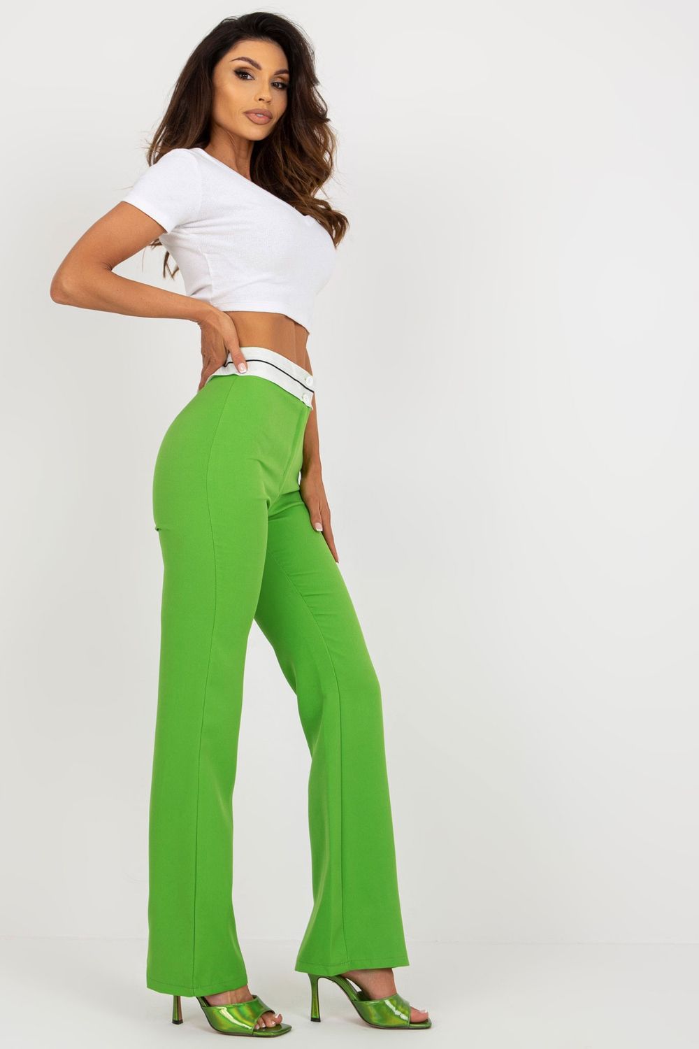 Italy Moda Light Green Straight High Waisted Trousers - view 2