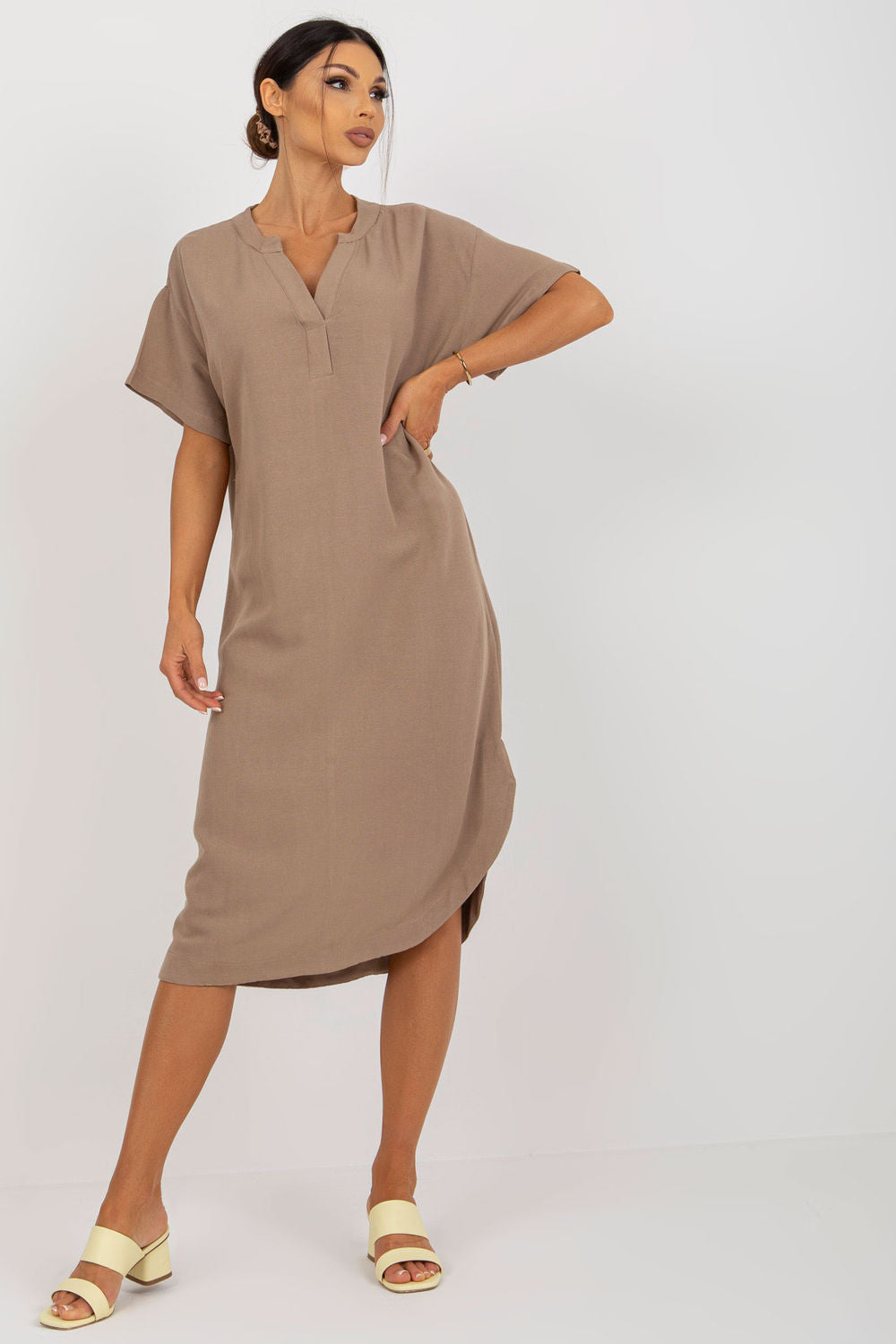 Och Bella Dark Beige Short Sleeve Dress