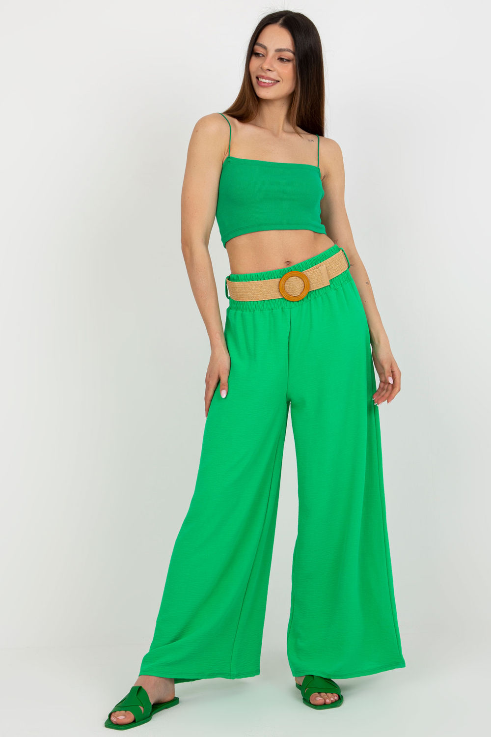 Italy Moda Green Polyester Wide Leg High Waisted Trousers