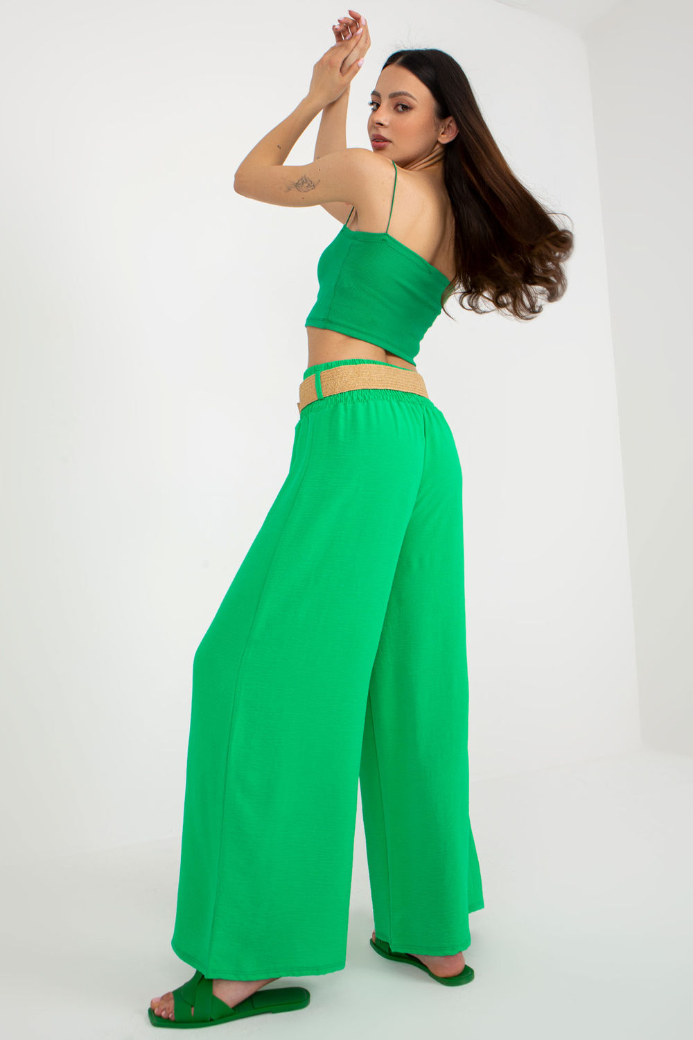 Italy Moda Green Polyester Wide Leg High Waisted Trousers - view 2