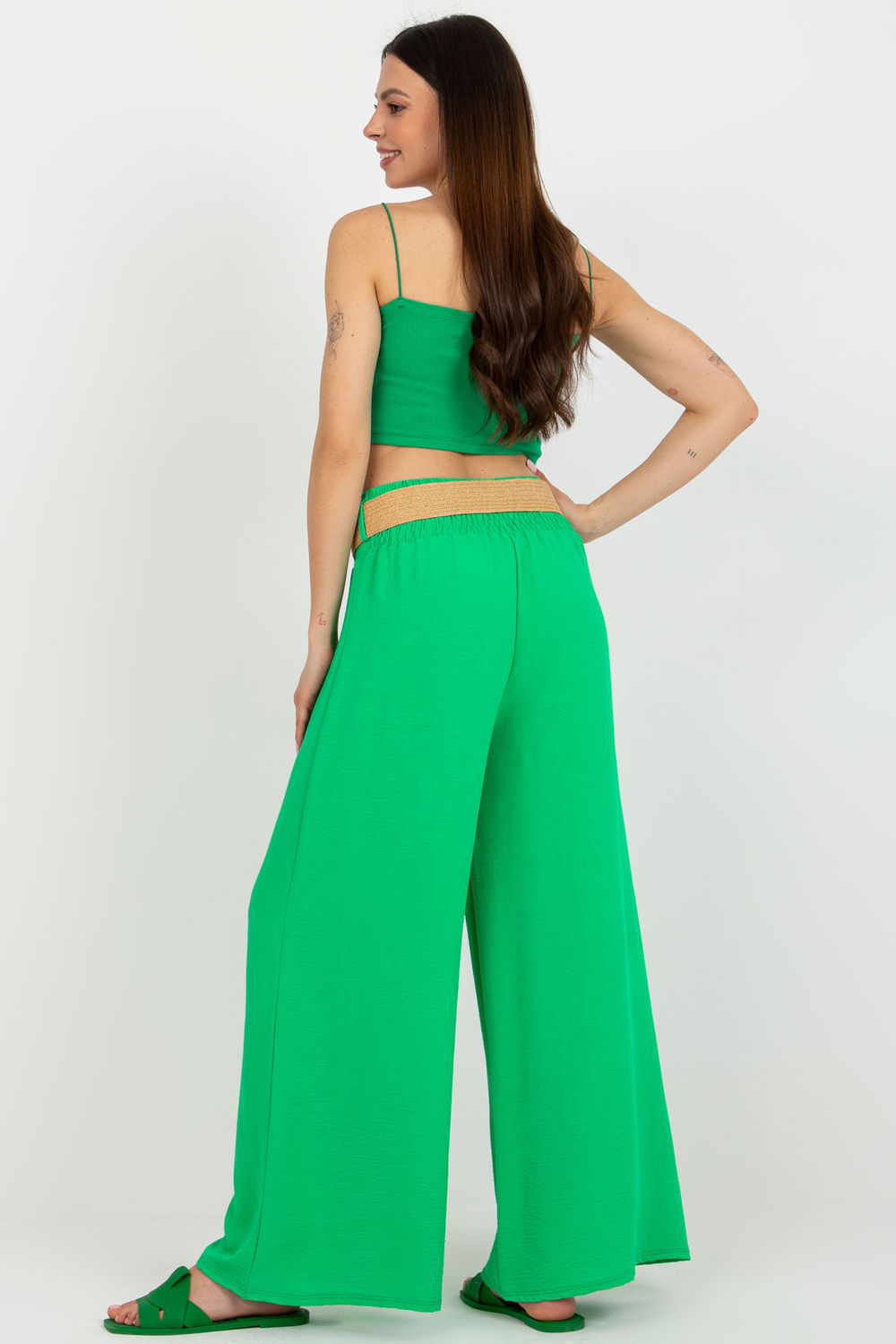 Italy Moda Green Polyester Wide Leg High Waisted Trousers - view 3