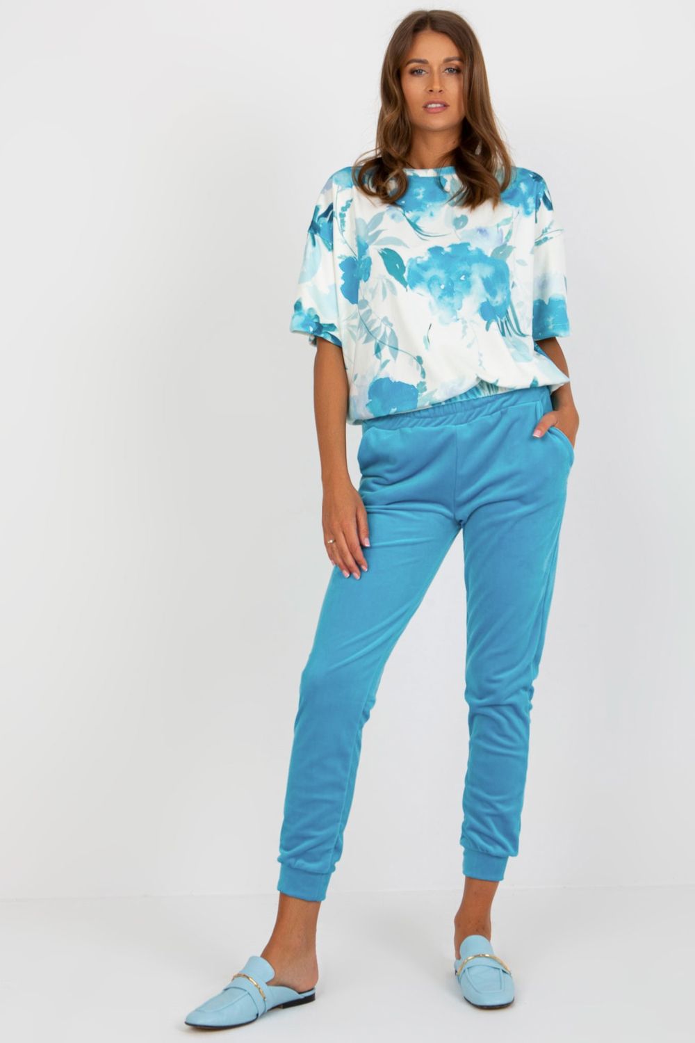 Rue Paris Blue Velvet High Waisted Short Sleeve Co-Ord Set