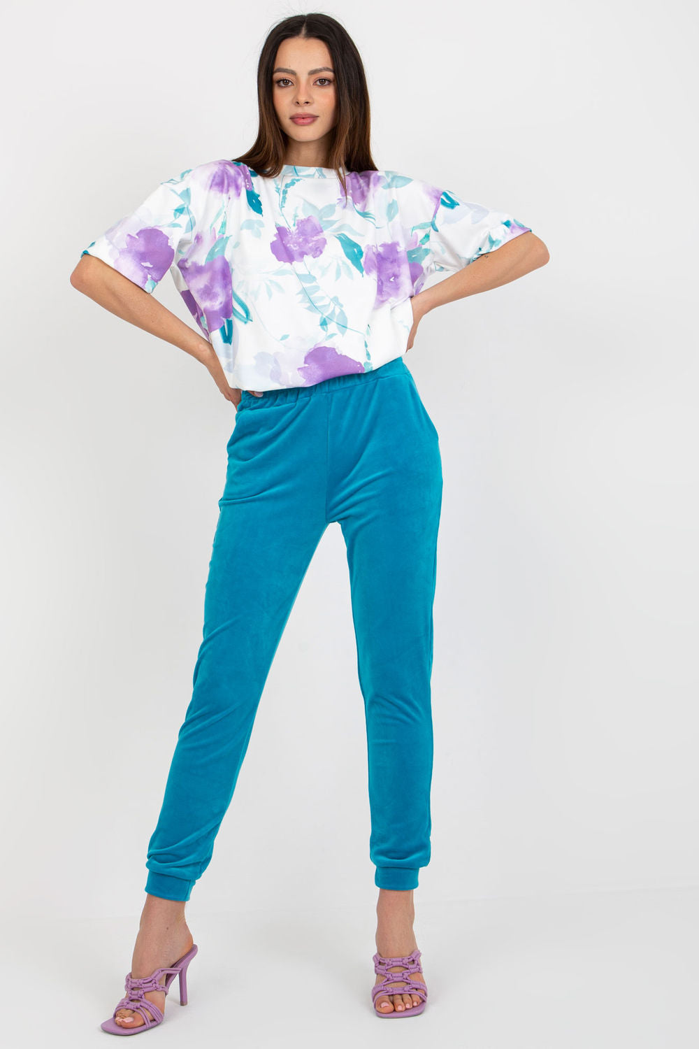 Rue Paris Blue Round Neck Velvet High Waisted Co-Ord Set