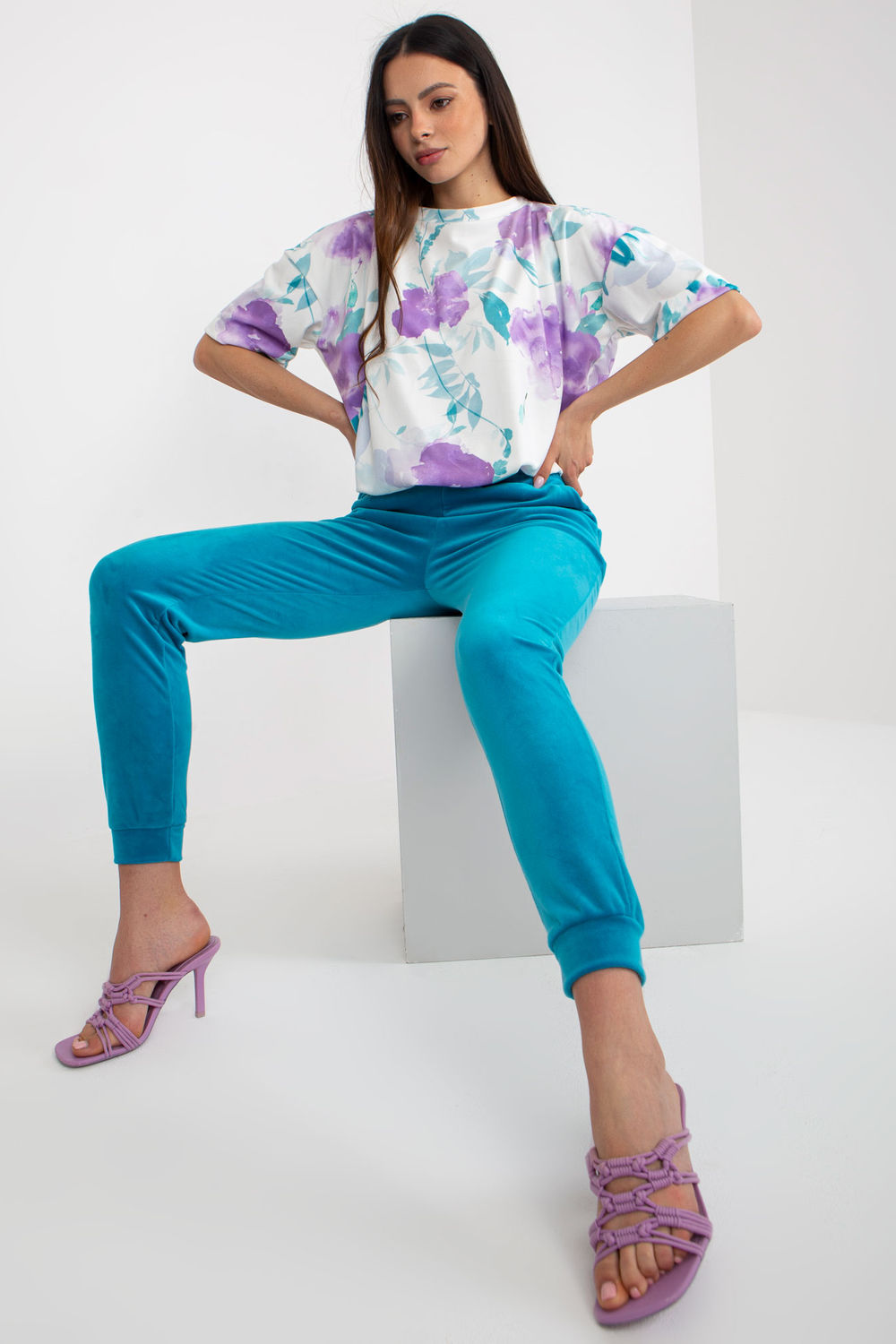 Rue Paris Blue Round Neck Velvet High Waisted Co-Ord Set - view 2