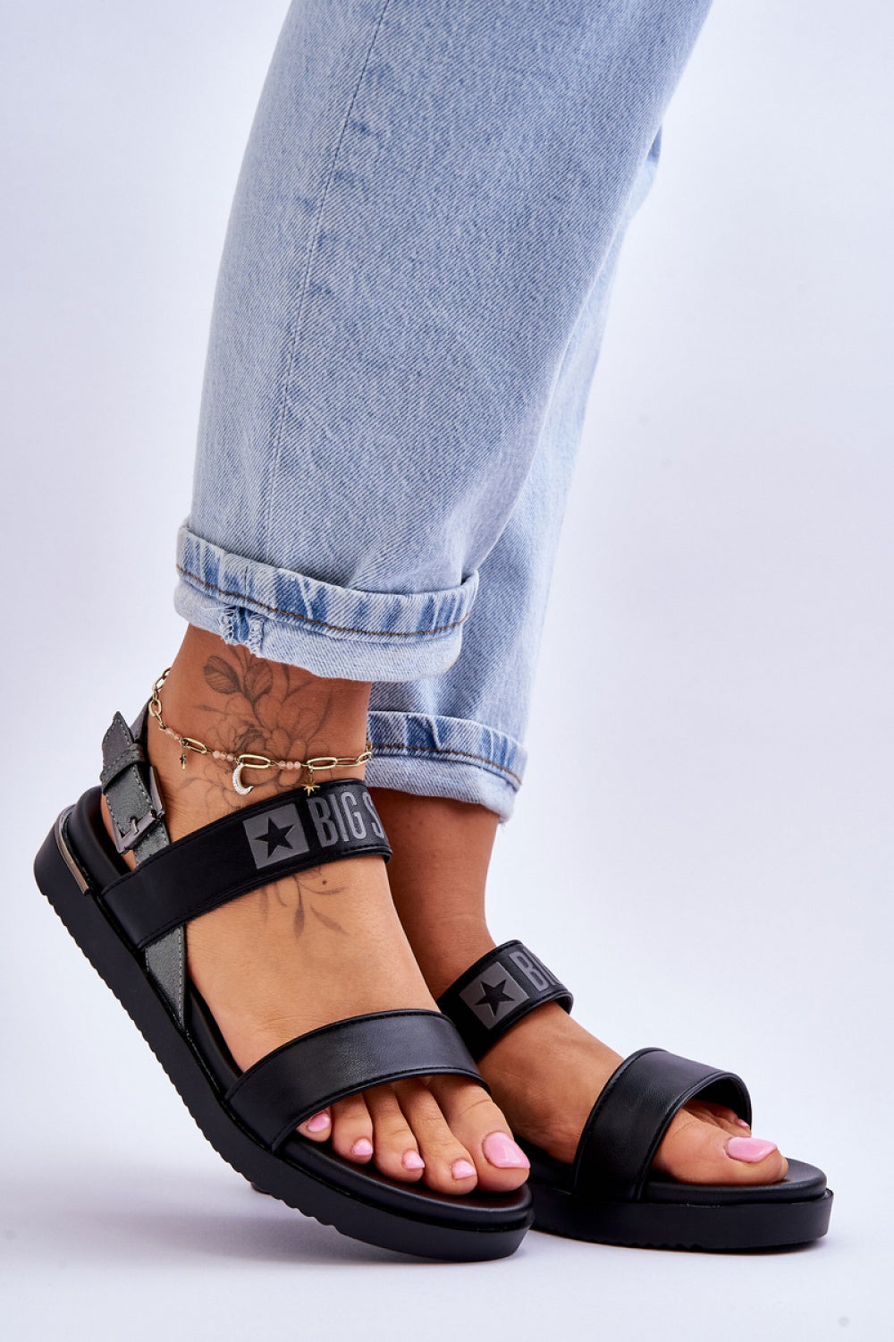 Step In Style Black Faux Leather Platform Sandals with Buckle - view 2