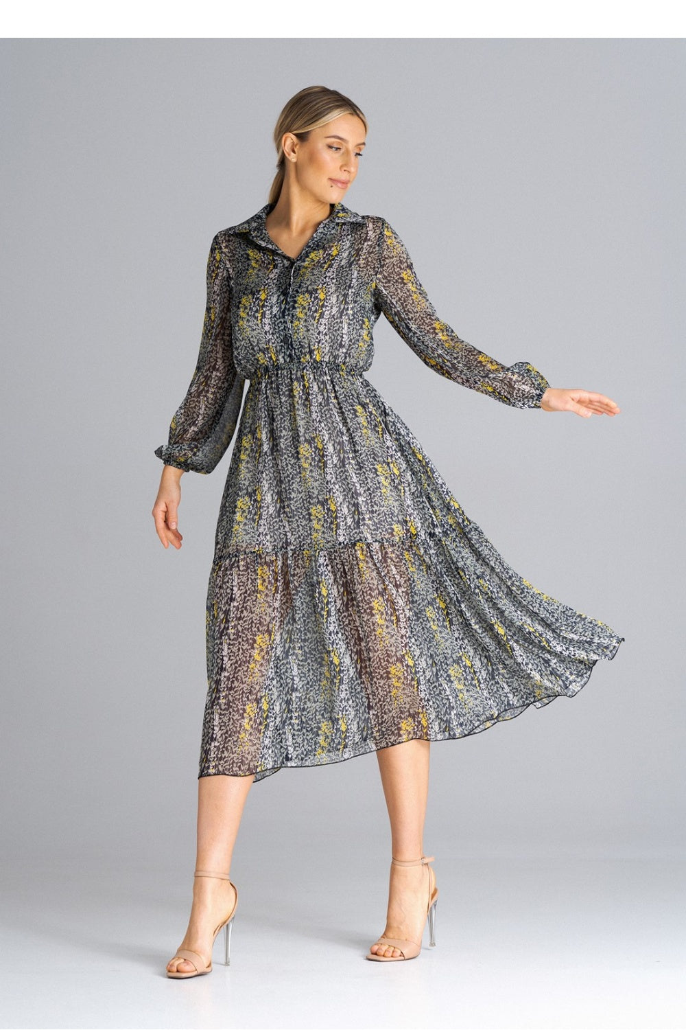 Figl Patterned Midi Flared Long Sleeve Dress