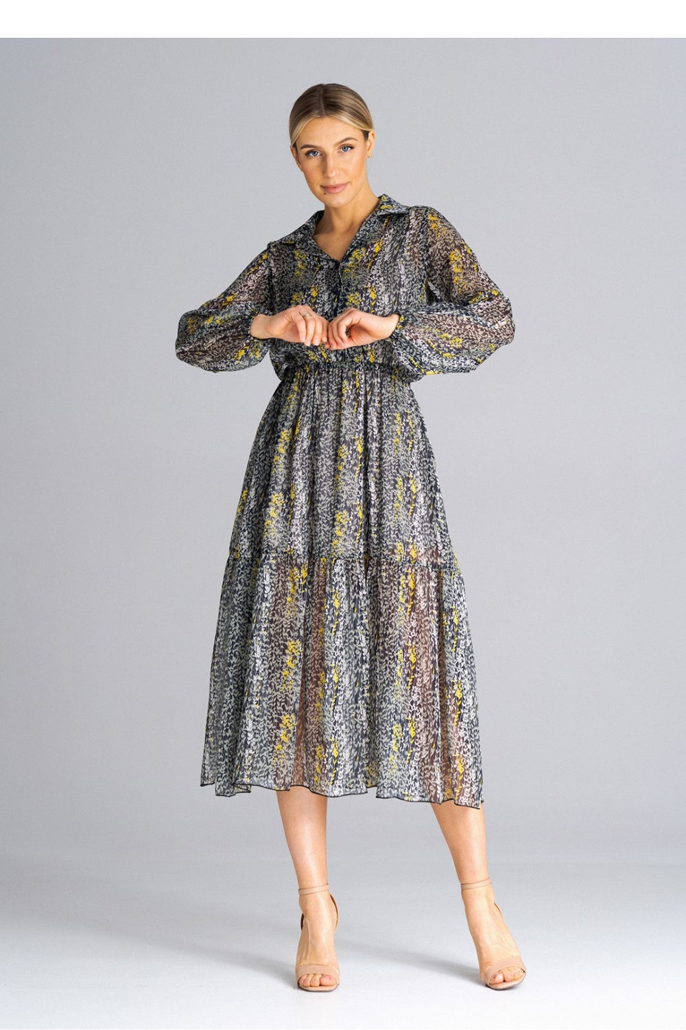 Figl Patterned Midi Flared Long Sleeve Dress - view 2