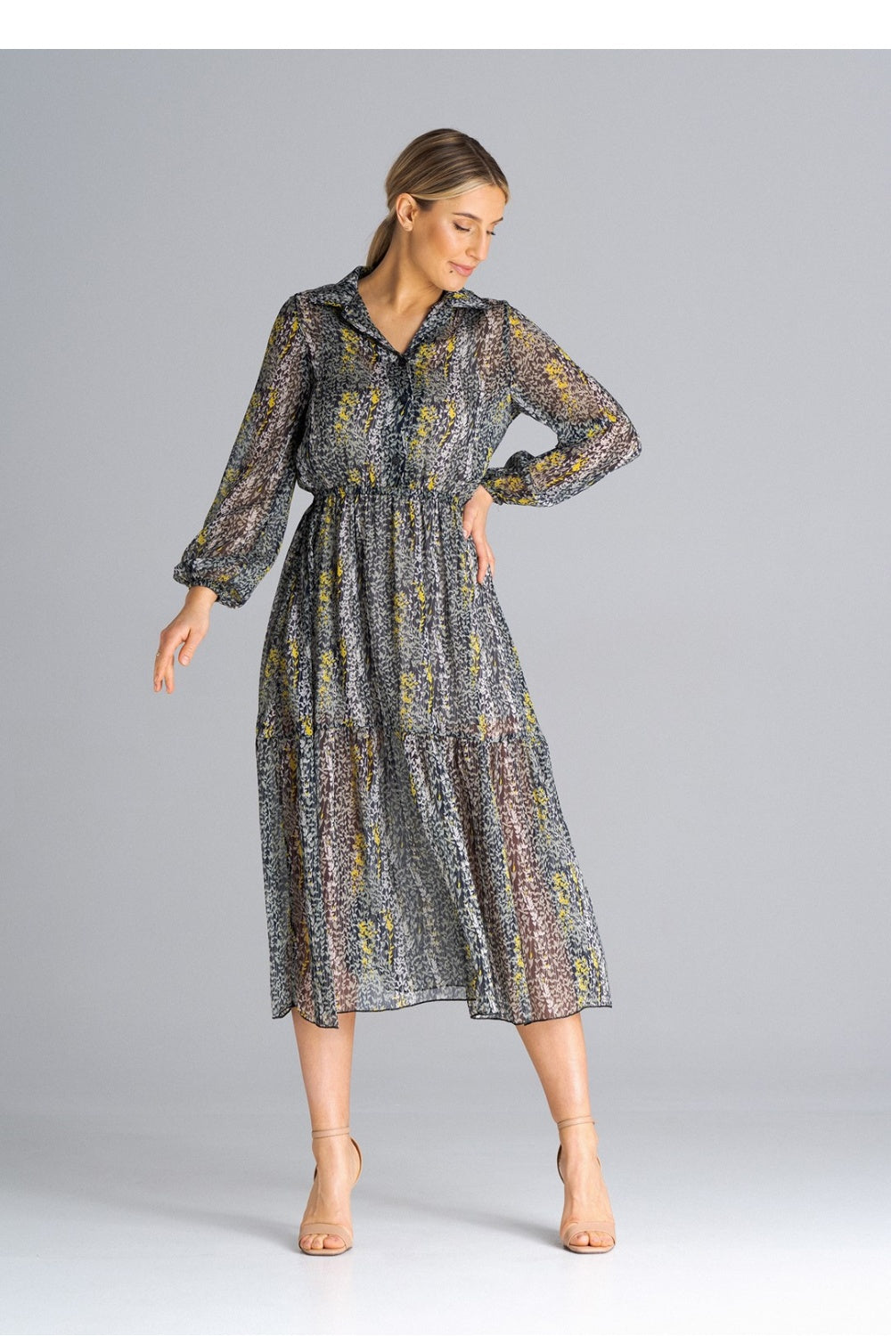 Figl Patterned Midi Flared Long Sleeve Dress - view 4