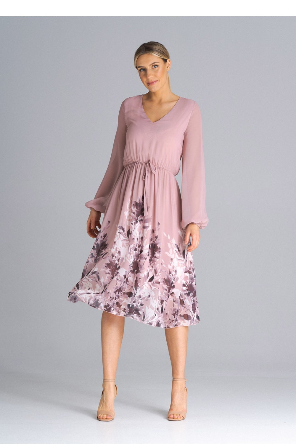 Figl Patterned Pleated Long Sleeve Dress