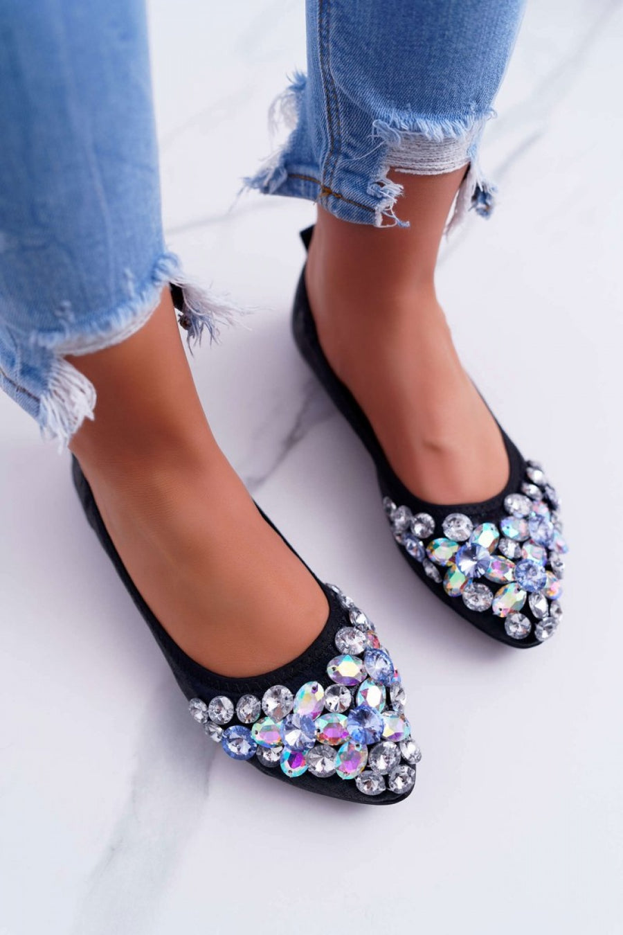 Step In Style Crystal Black Faux Leather Ballet Flats