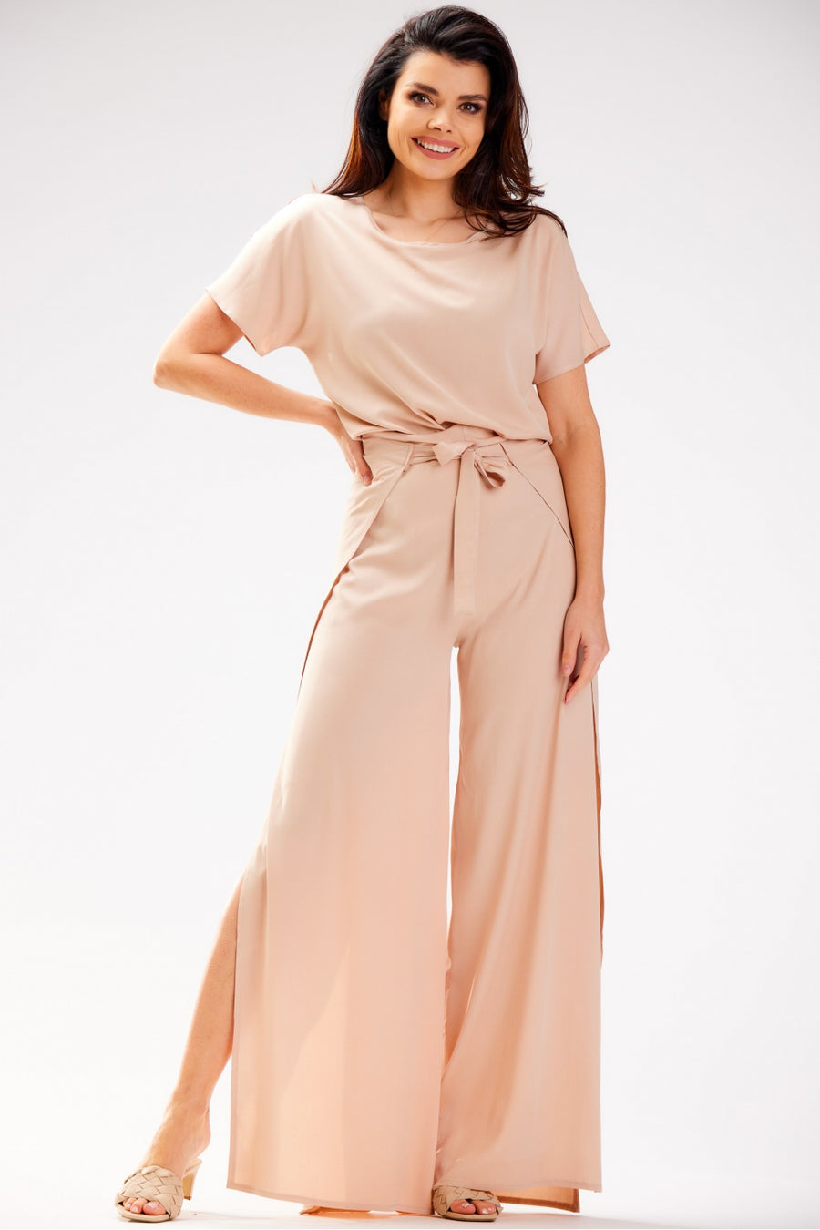 Awama Beige High Waisted Trousers