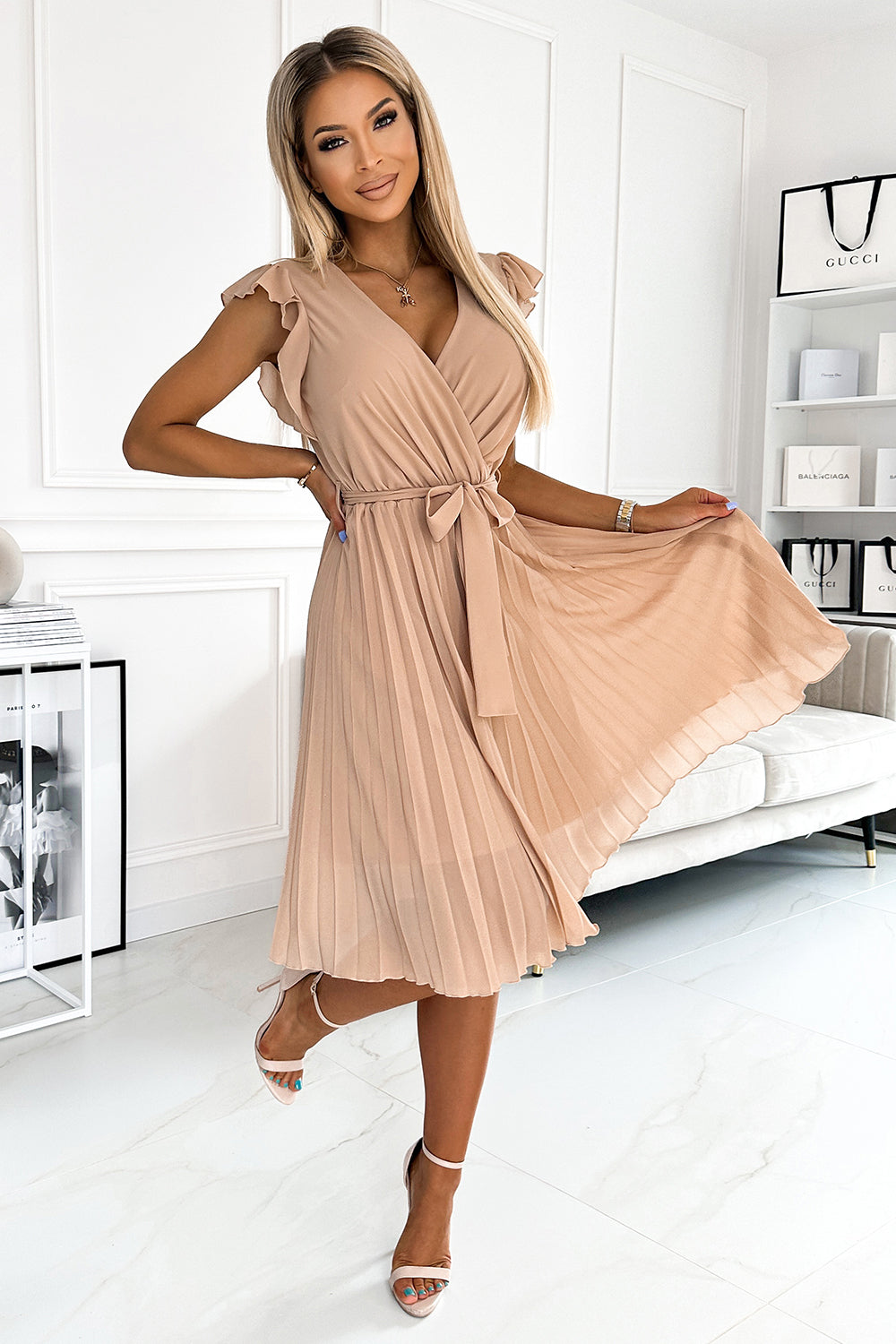 Numoco Polina Beige Chiffon Pleated Cocktail Dress - view 2