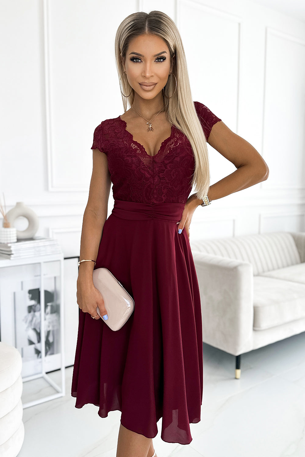 Numoco Linda Burgundy Lace Short Sleeve Evening Dress