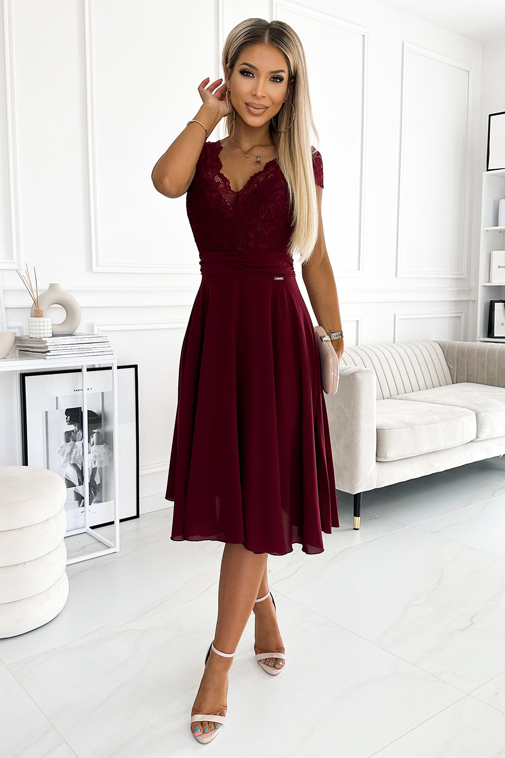 Numoco Linda Burgundy Lace Short Sleeve Evening Dress - view 2