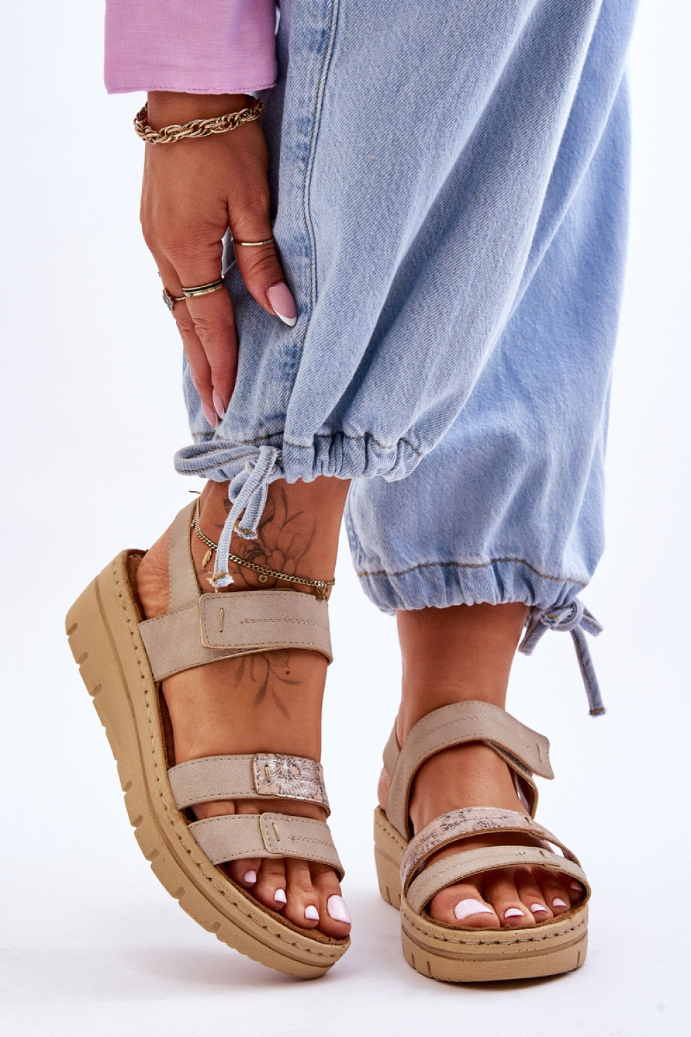 Step In Style Fresh Look Beige Faux Leather Platform Wedge Sandals