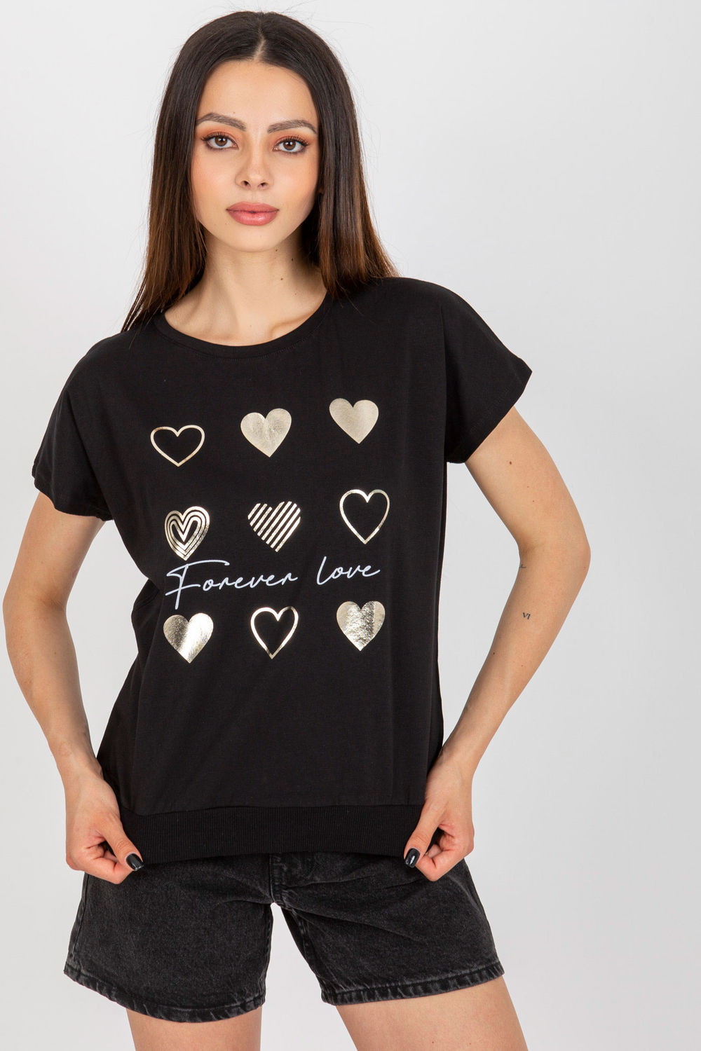 Rue Paris Black Round Neck Short Sleeve Cotton Blouse