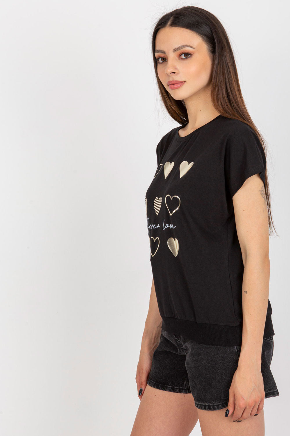 Rue Paris Black Round Neck Short Sleeve Cotton Blouse - view 2