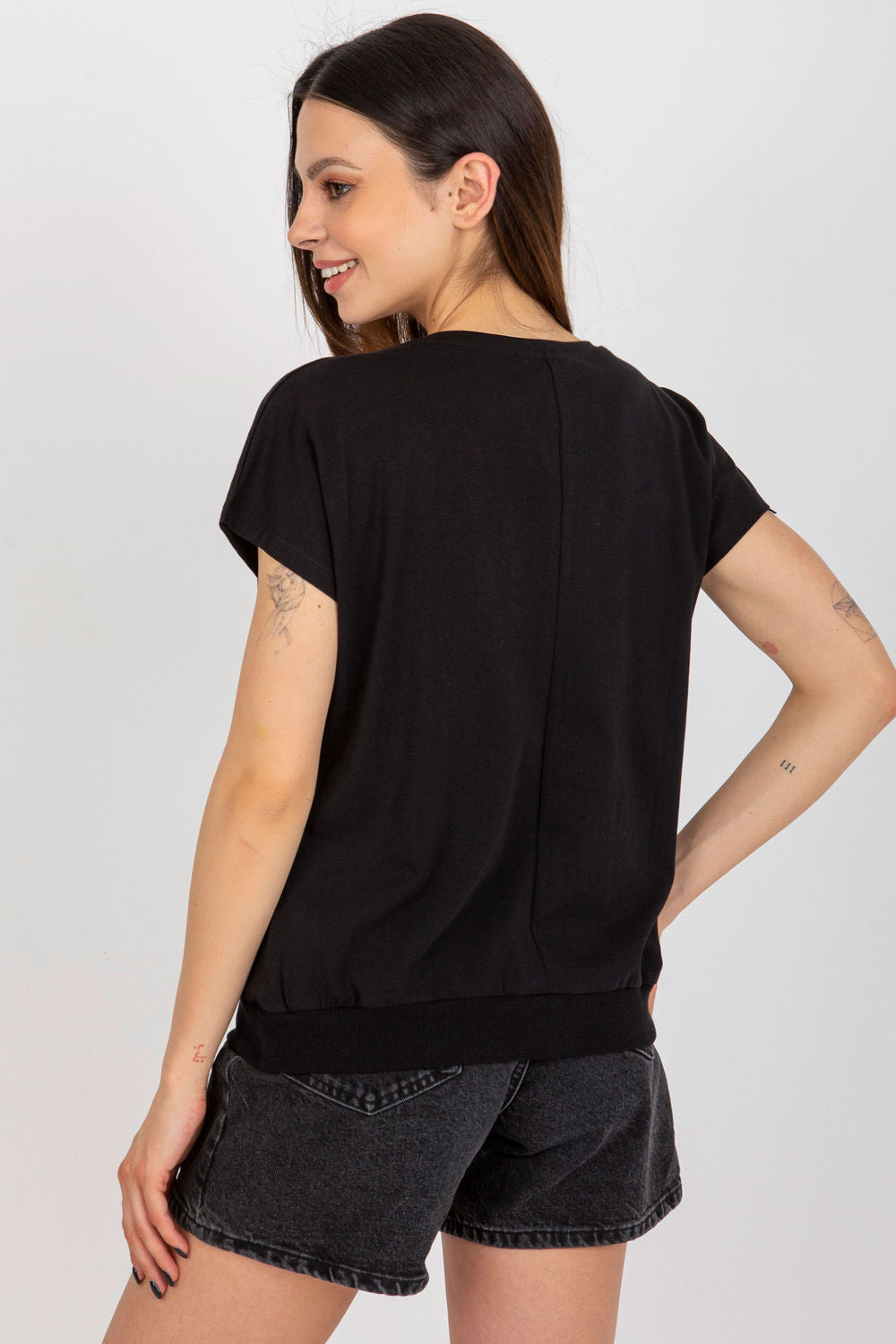 Rue Paris Black Round Neck Short Sleeve Cotton Blouse - view 3