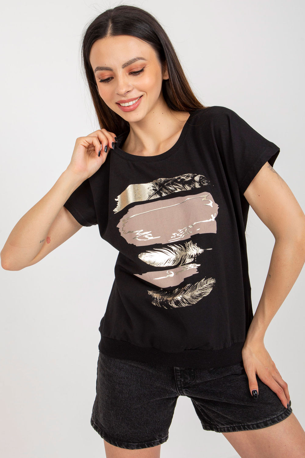 Rue Paris Black Short Sleeve Cotton Blouse