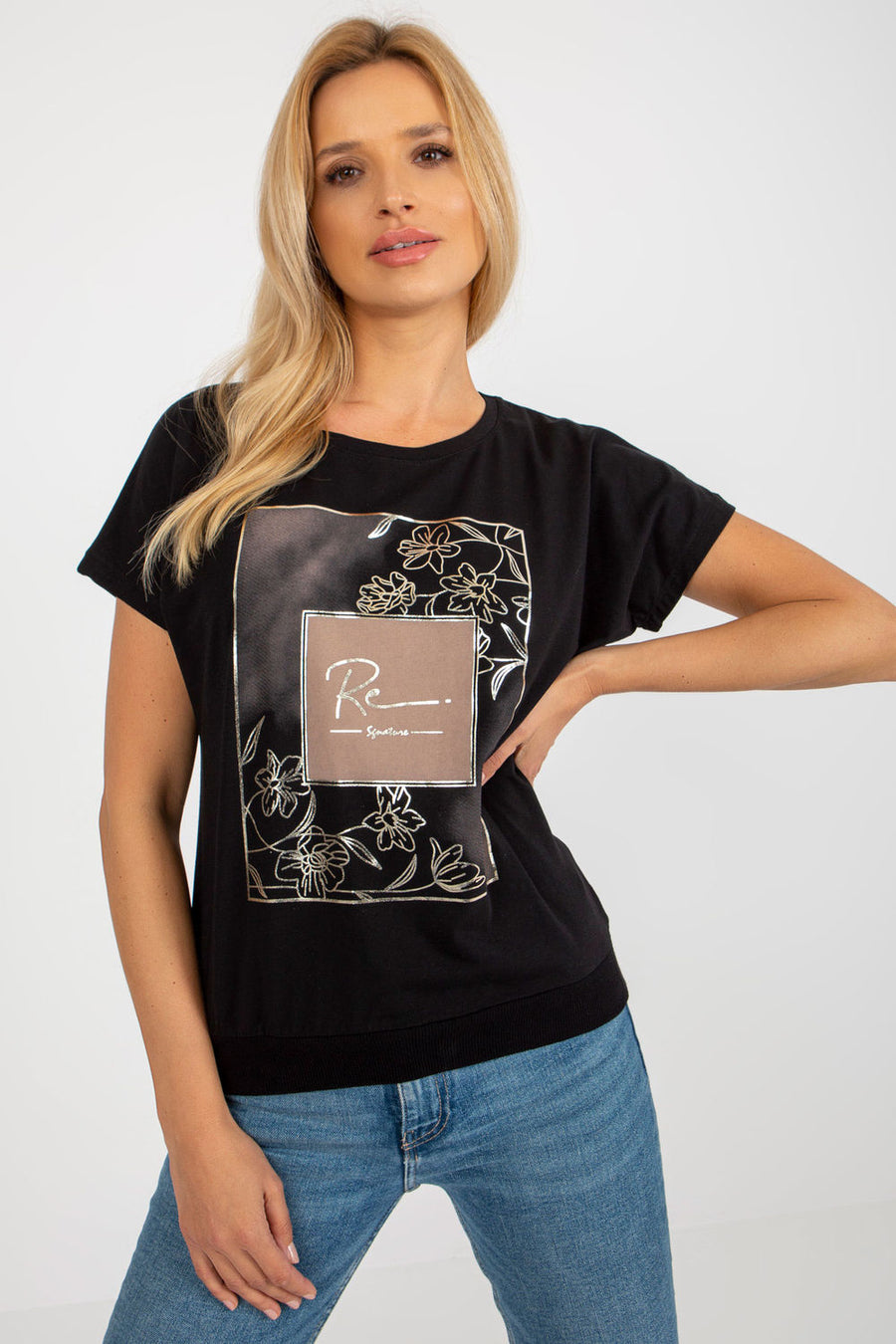 Rue Paris Black Printed Short Sleeve Blouse