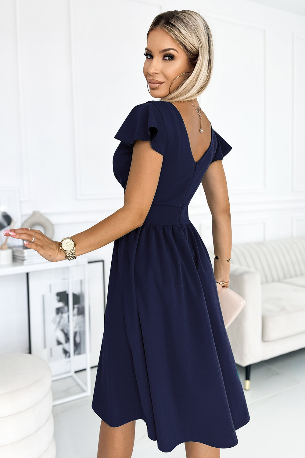 Numoco Navy Wrap Short Sleeve Evening Dress - view 3
