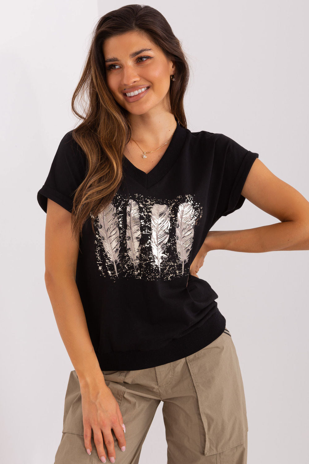 Rue Paris Black Round Neck Printed Short Sleeve Cotton Blouse