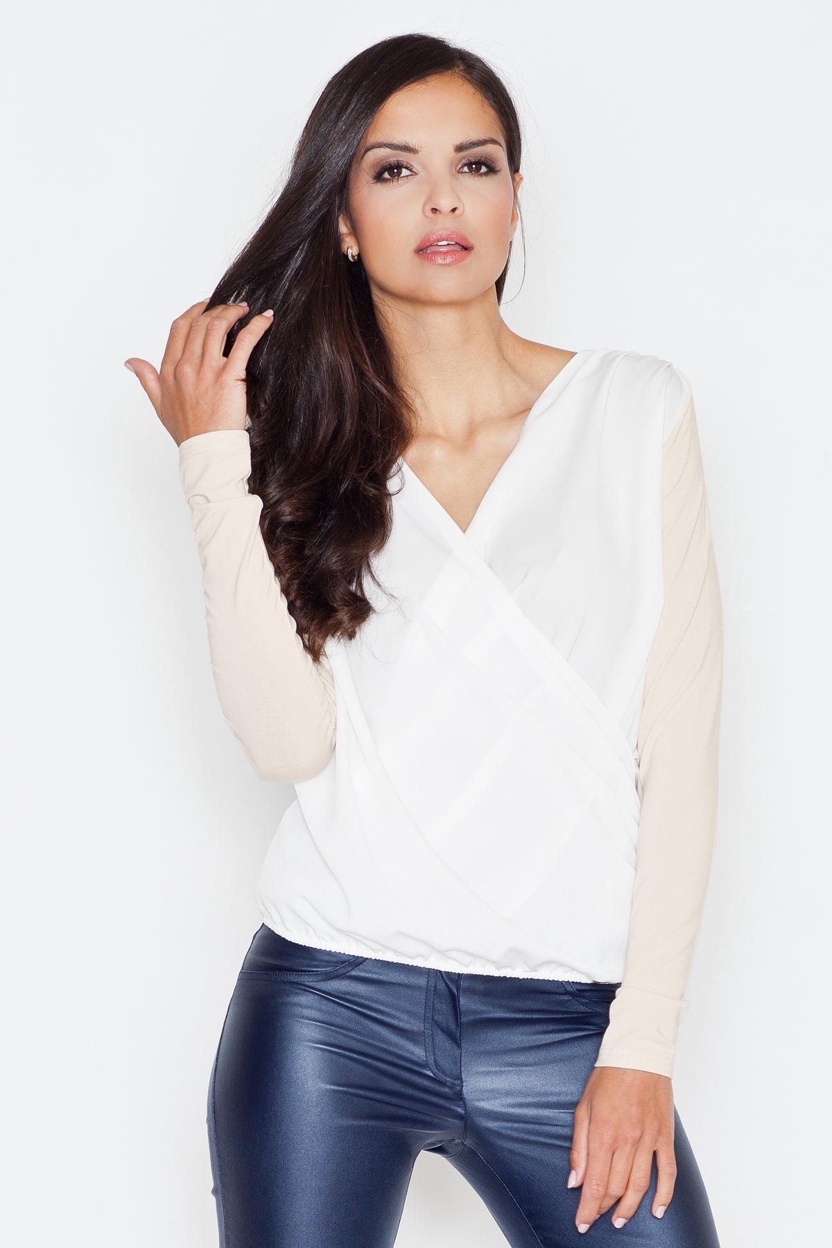 Figl Beige Pleated Long Sleeve Blouse