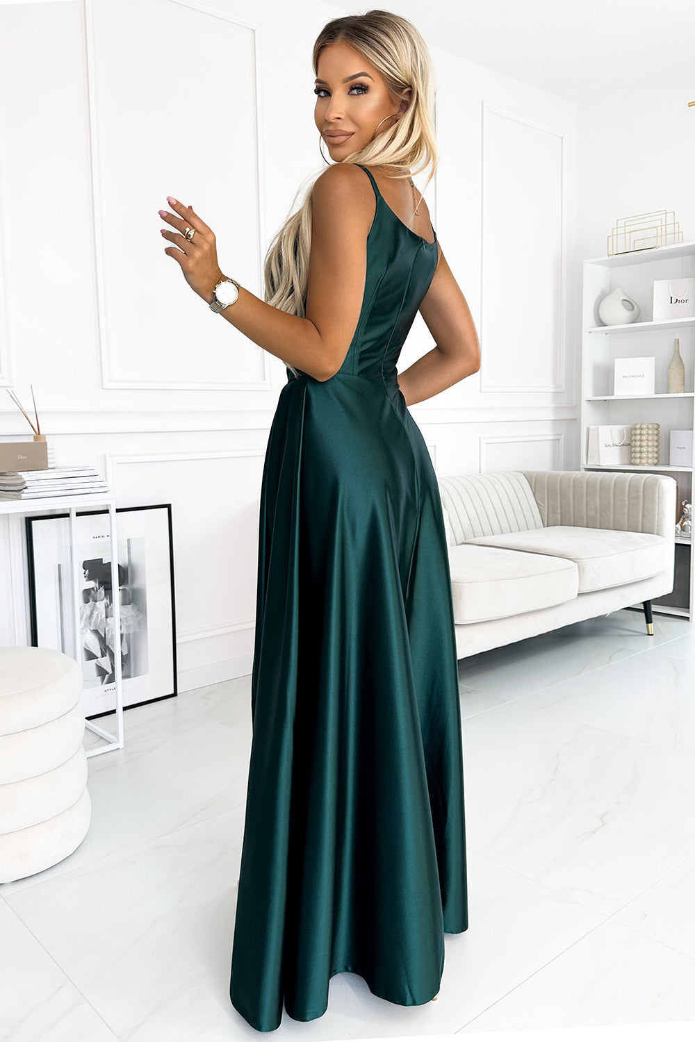 Numoco Chiara Bottle Green Satin Maxi Dress - view 2