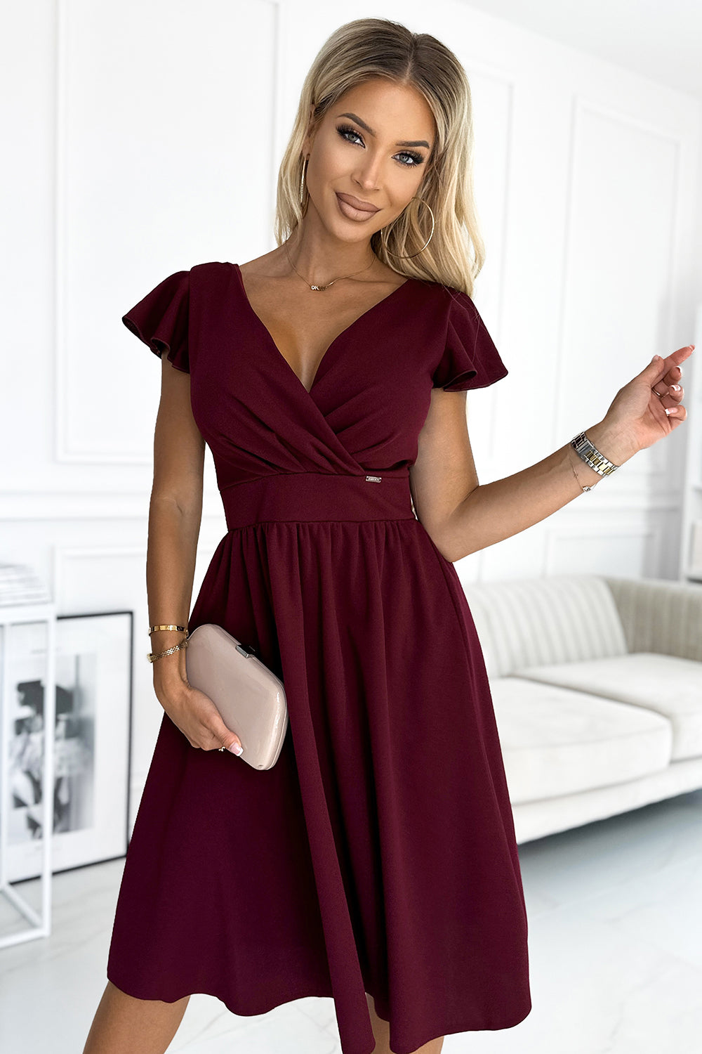 Numoco Matilde Burgundy Wrap Short Sleeve Evening Dress - view 2