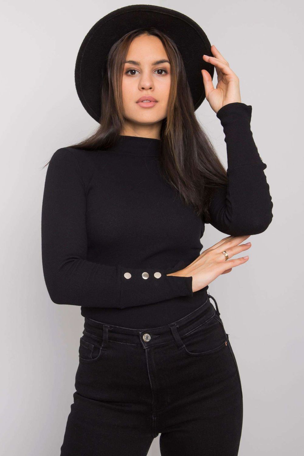 Rue Paris Black Ribbed Bodycon Long Sleeve Blouse