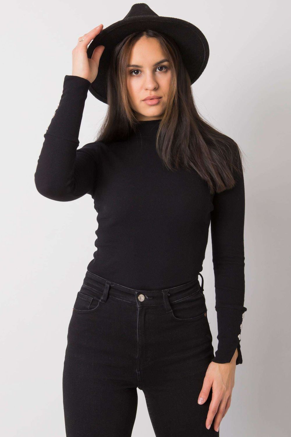 Rue Paris Black Ribbed Bodycon Long Sleeve Blouse - view 2