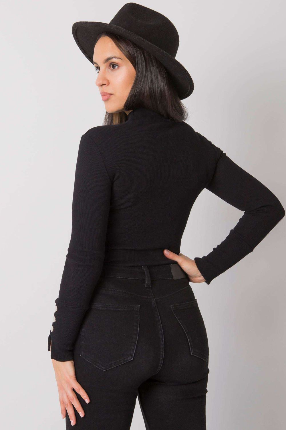 Rue Paris Black Ribbed Bodycon Long Sleeve Blouse - view 3