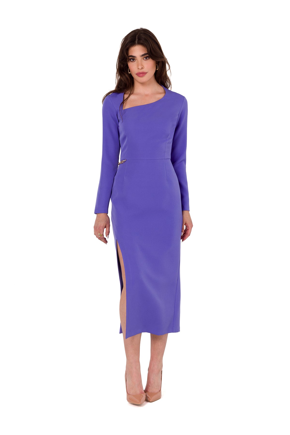 Makover Light Violet Midi Long Sleeve Evening Dress