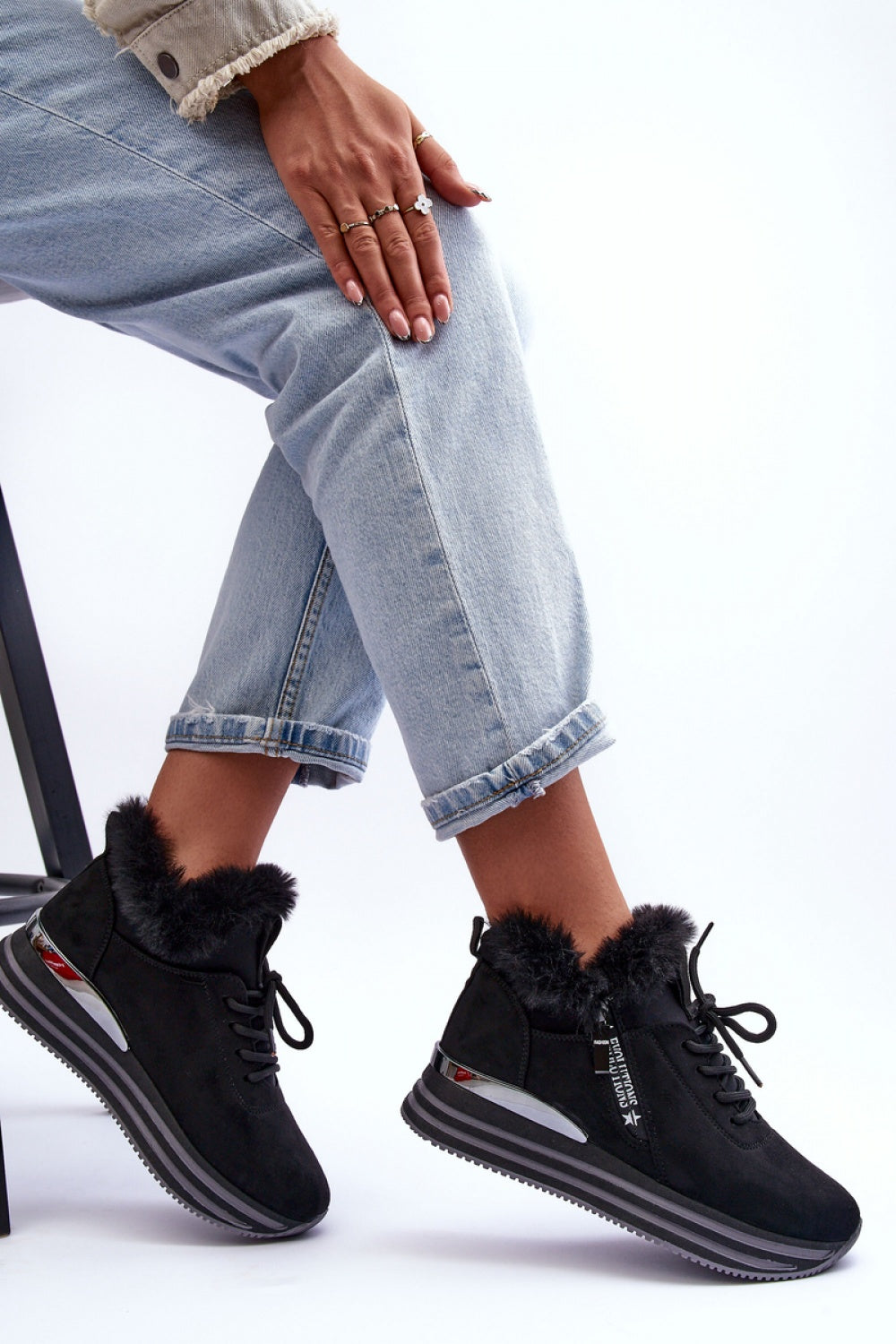 Step In Style Black Faux Suede Platform Lace Up Trainers - view 2