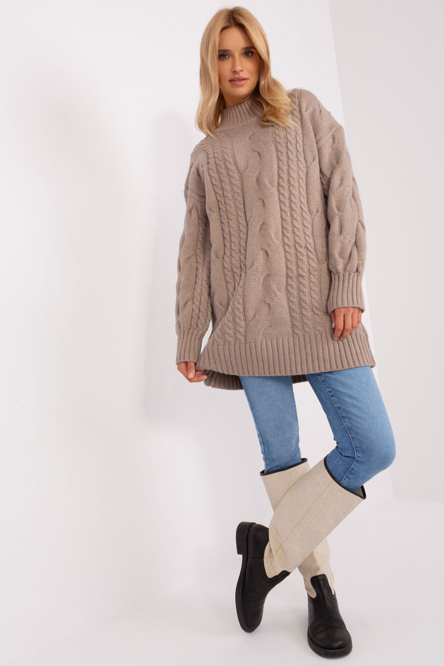 AT Dark Beige Oversized Long Sleeve Longline Jumper