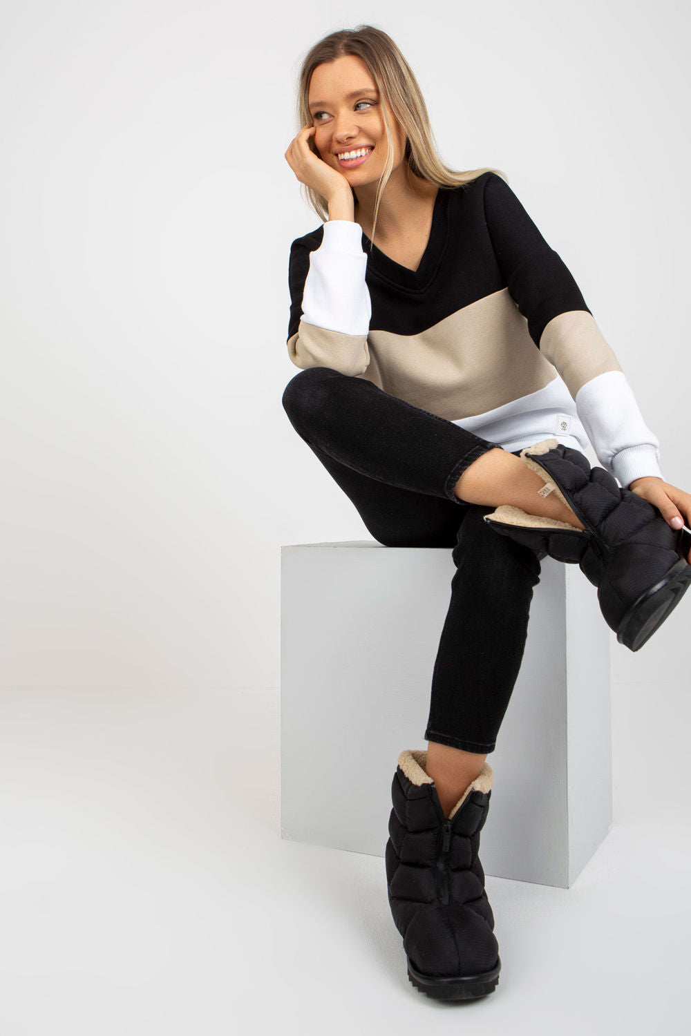 Relevance Beige V-Neck Long Sleeve Sweatshirt - view 2