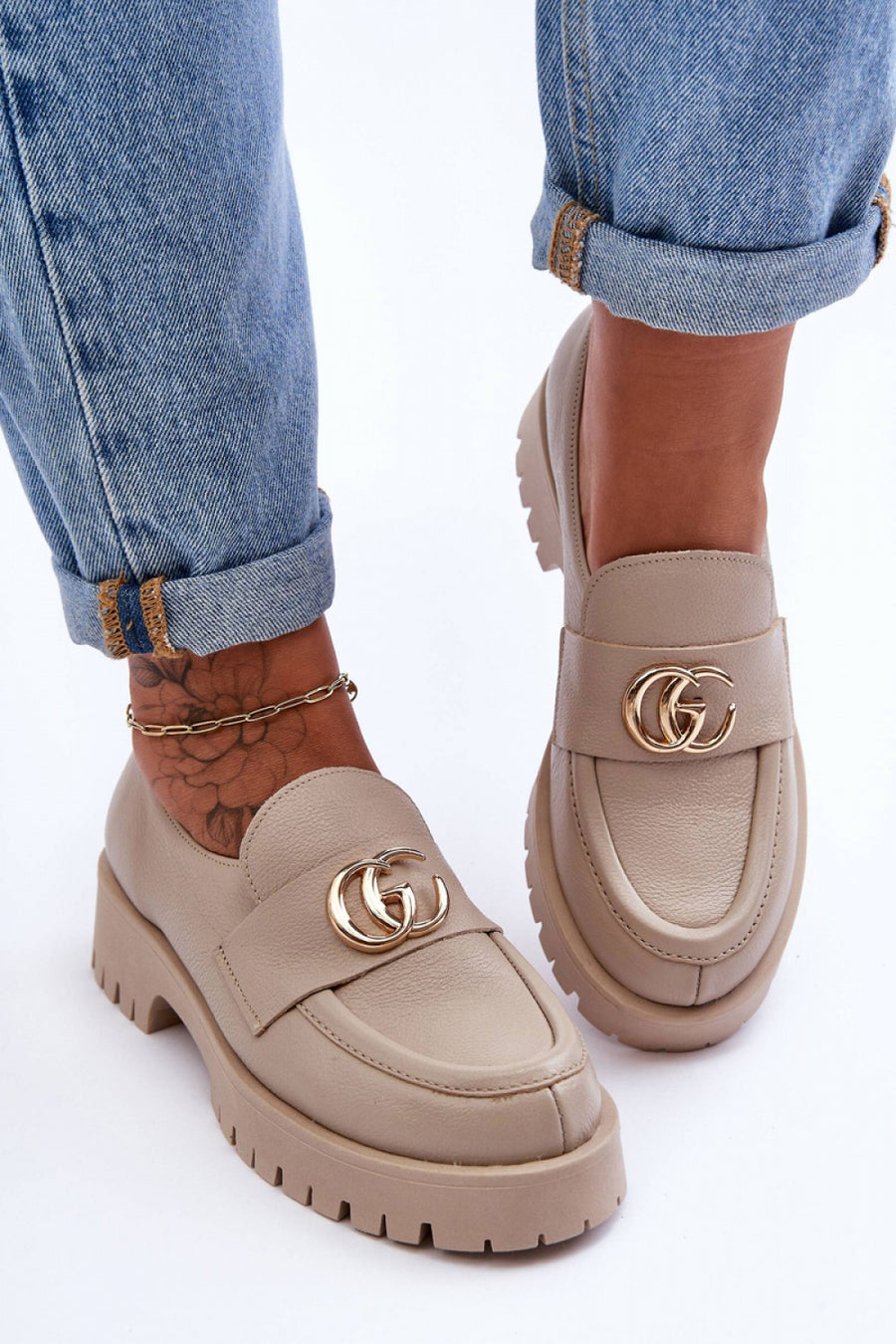 Step In Style Rosefalls Beige Leather Platform Heeled Shoes