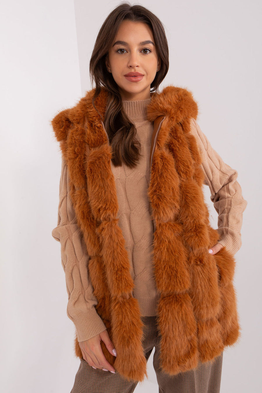 AT Light Brown Polyester Hooded Zip Up Gilet