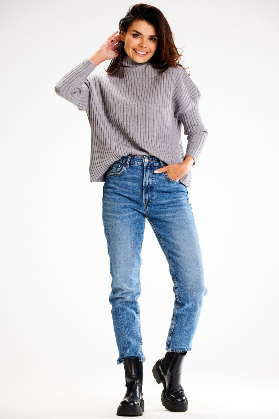 Awama Grey Knitted Roll Neck Jumper