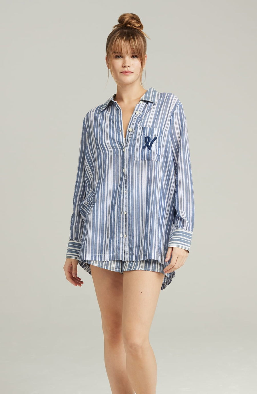 Nudea Midi Shirt White and Navy Stripe Cotton Nightdress