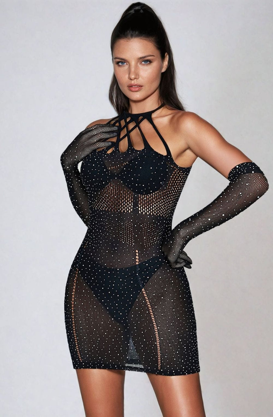YesX Sparkle Rhinestone Black Dress