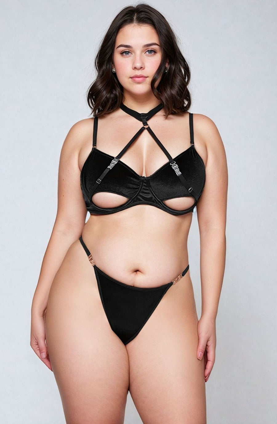 YesX Hollow Cut Black Velvet Underwired Bra Set