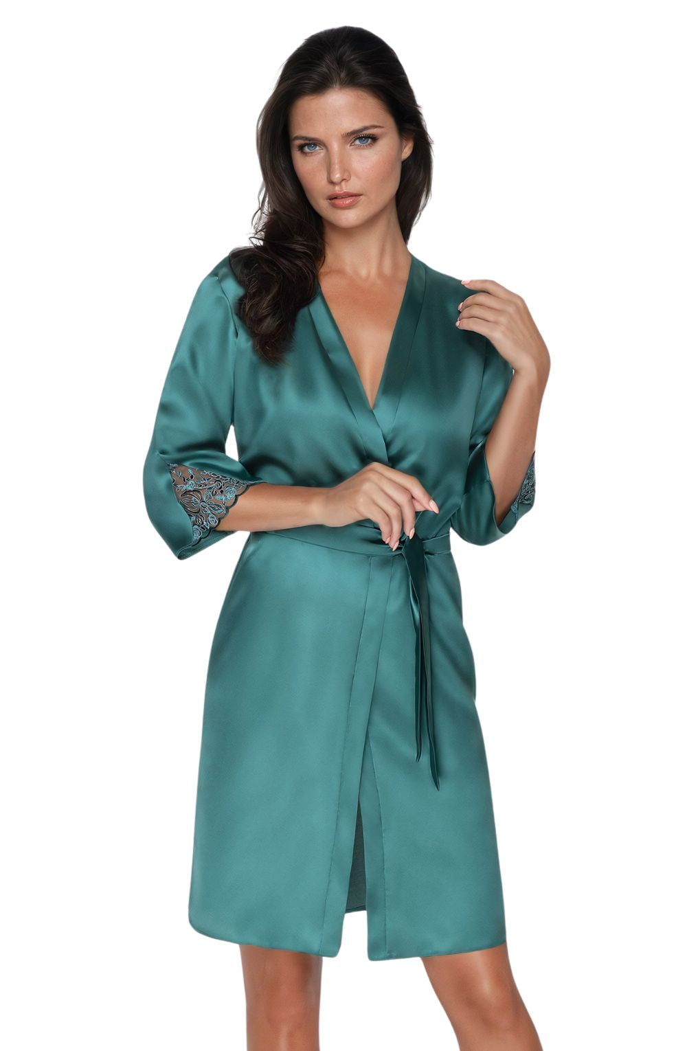 Irall Emerald Dark Green Satin Floral Dressing Gown