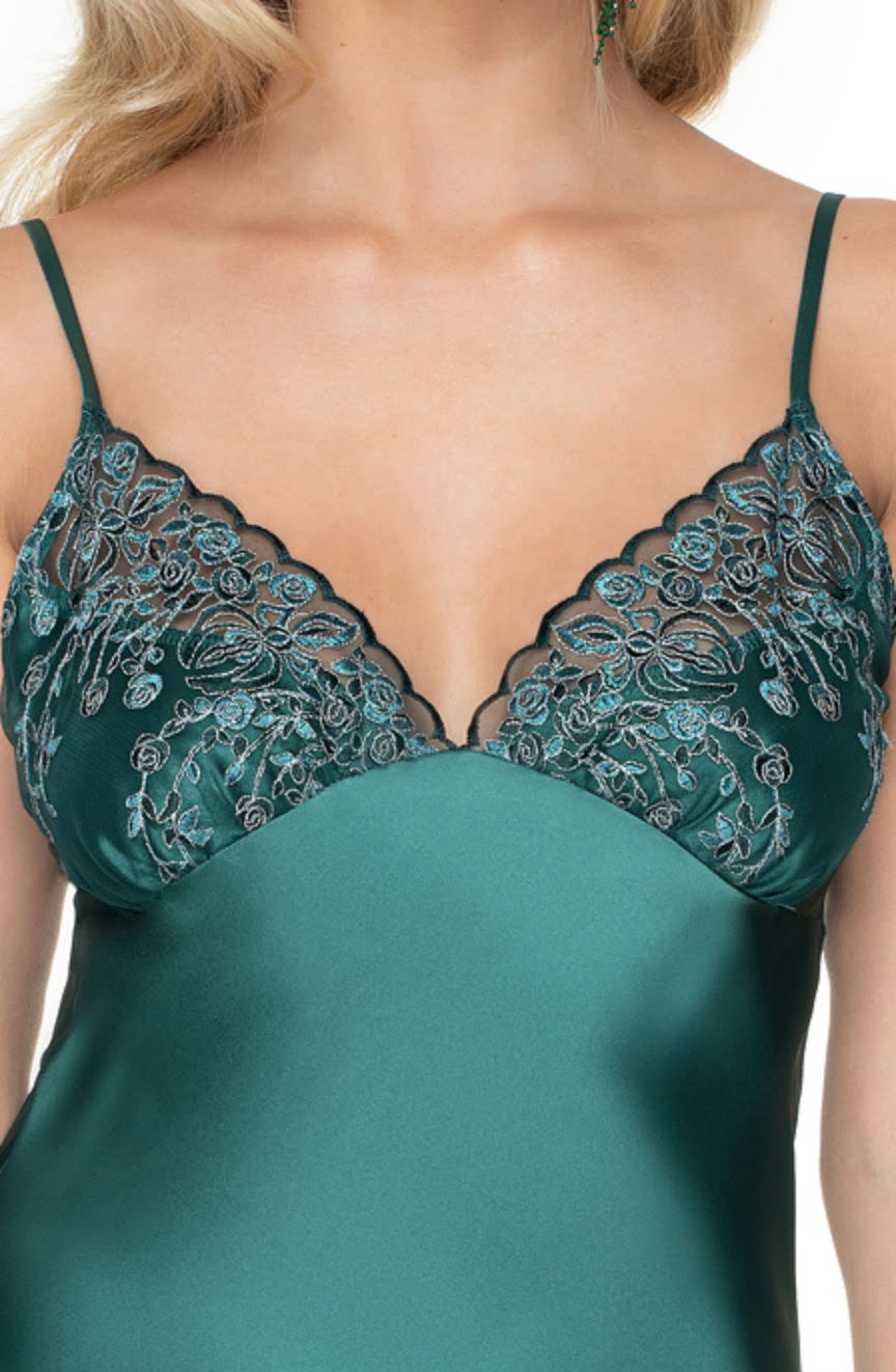 Irall Emerald Dark Green Satin Floral Nightdress - view 3