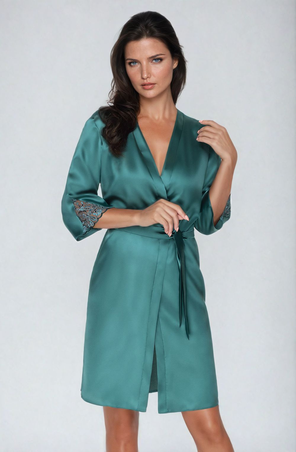 Irall Emerald Dark Green Satin Floral Dressing Gown - view 5